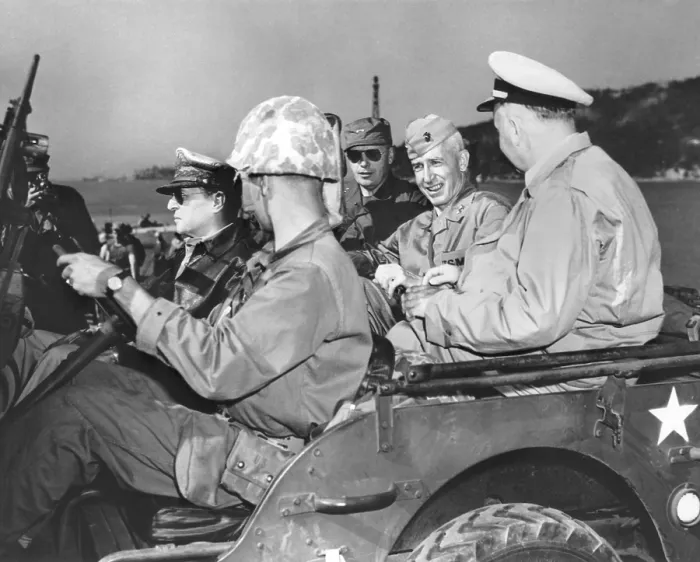 Framed Print : U.S. Commanders, Gen. Douglas MacArthur and Marine Gen. Oliver Smith, tour of Inchon beach. Sept. 15, 1950. Korean War, 1950-53. (BSLOC_2014_11_44)