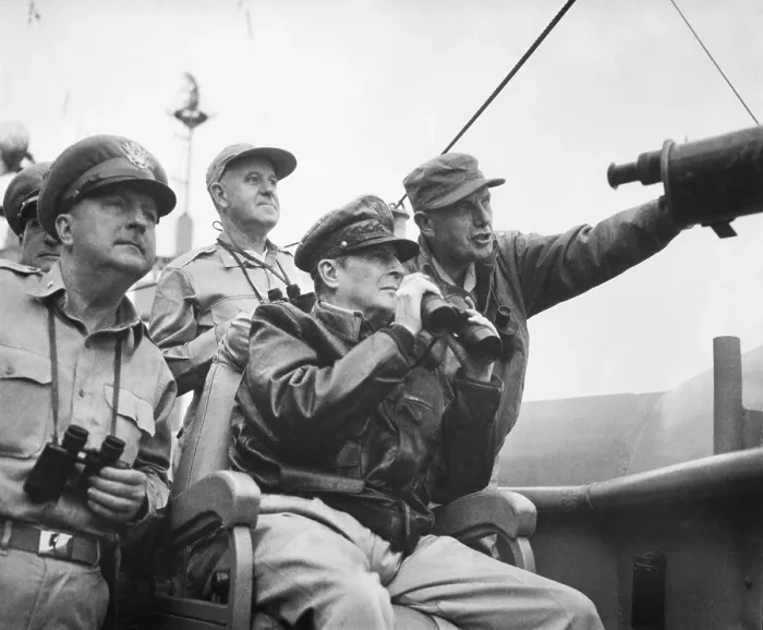 Framed Print : U.S. Commanders observe the shelling of Inchon, Korea, from the U.S.S. Mt. McKinley. Front row, L-R: Brig. Gen. Courtney Whitney; Gen