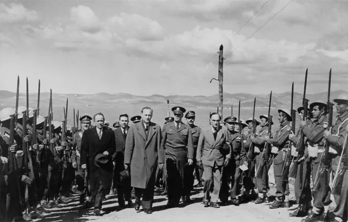 Framed Print : U.S. Gen. James Van Fleet and War Minister Kanellopoulos walk between lines of soldiers Framed Print : U.S. Gen. James Van Fleet and War Minister Kanellopoulos walk between lines of soldiers