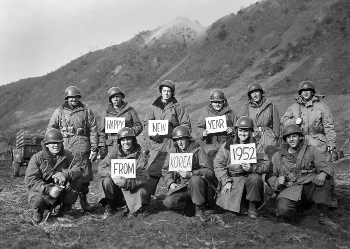 Framed Print : U.S. infantrymen along the Kumsong front wish Happy New Year to the stateside folks. Dec. 14, 1951. They are Missouri National Guards in the 19th Infantry Regiment