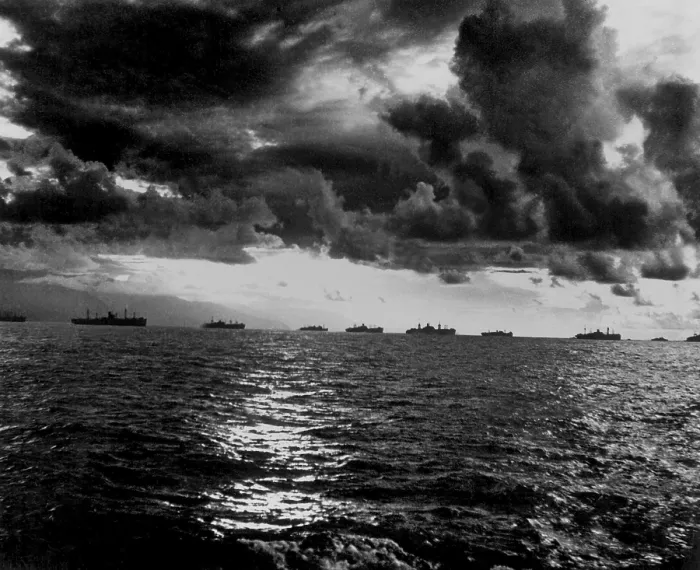 Framed Print : U.S. invasion Fleet along the coast of Leyte Island in the Philippines on D-Day, Oct. 20, 1944. World War 2, Pacific Ocean. (BSLOC_2013_13_33)