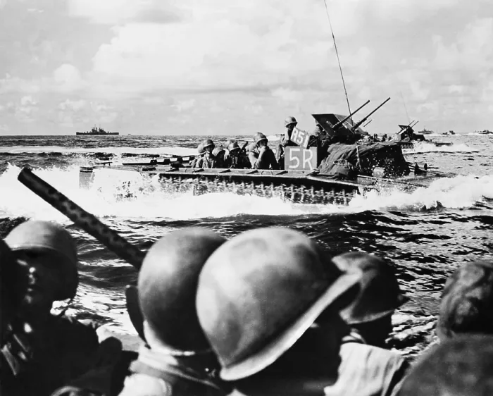 Framed Print : U.S. landing craft approach the beach of Angaur Island, Sept. 16, 1944. Six miles from Peleliu, it took 10, 000 U.S soldiers 36 days to defeat 1, 400 Japanese