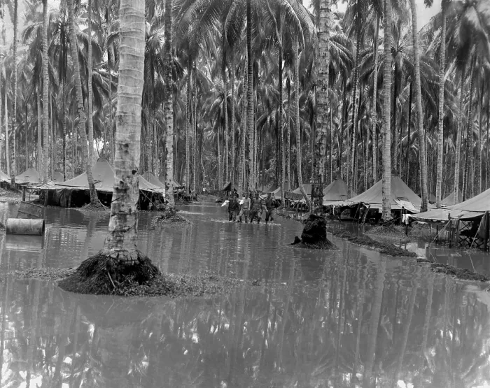 Framed Print : U.S. Marine Corps camp on Guadalcanal Island during the rainy season, Feb. 1944. Tent interiors were below the water level. World War 2. (BSLOC_2013_14_29) Framed Print : U.S. Marine Corps camp on Guadalcanal Island during the rainy season, Feb. 1944. Tent interiors were below the water level. World War 2. (BSLOC_2013_14_29)