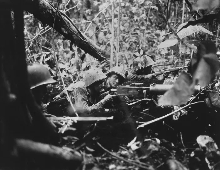 Framed Print : U.S. Marine machine gunners firing at Japanese in Battle of Cape Gloucester, New Britain. Jan. 1, 1944. (BSLOC_2013-12_175) Framed Print : U.S. Marine machine gunners firing at Japanese in Battle of Cape Gloucester, New Britain. Jan. 1, 1944. (BSLOC_2013-12_175)