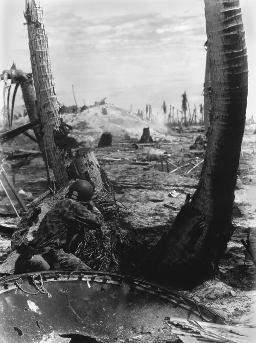 Framed Print : U.S. Marine shoots at a Japanese pill box from behind a blasted tree in the Battle of Tarawa. 4, 500 Japanese troops fought from fortified positions most until their death. Nov