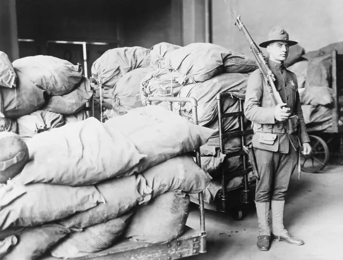 Framed Print : U.S. Marine standing guard over sacks of mail, Washington, D.C Framed Print : U.S. Marine standing guard over sacks of mail, Washington, D.C