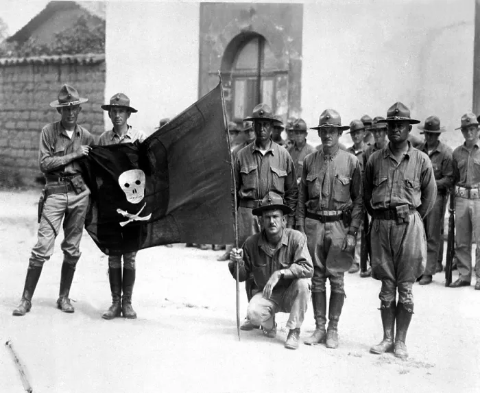 Framed Print : U.S. Marines captured a flag of rebel forces led by Augusto Sandino in 1932. After the Marines supervised the 1932 Presidential election they withdrew to the U.S. in 1933