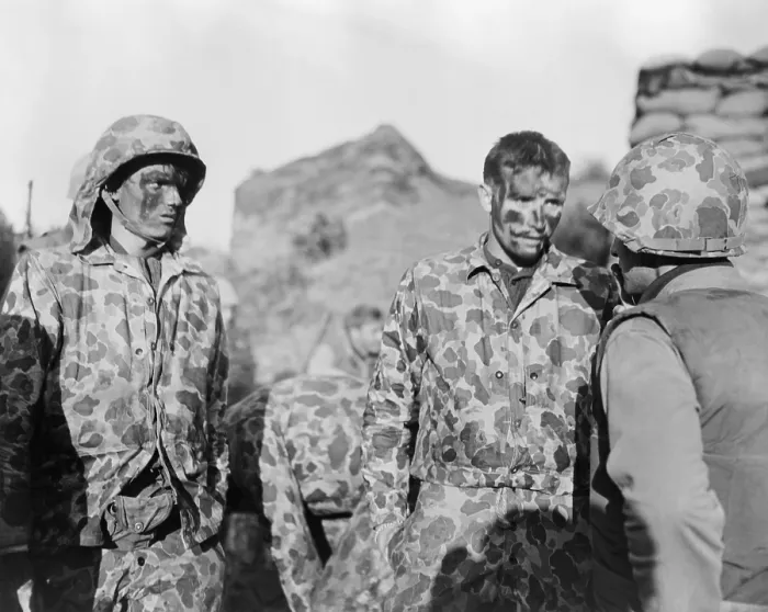 Framed Print : U.S. Marines after completing a successful mission in enemy territory somewhere along the Korean battle-front. Sept. 26, 1952. Korean War, 1950-53. (BSLOC_2014_11_121)