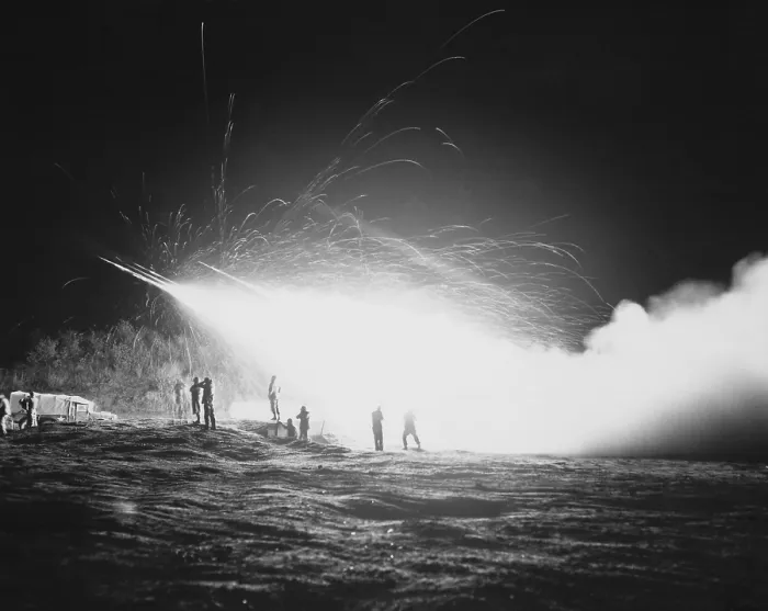 Framed Print : U.S. Marines firing during a night mission, on the front lines during the Korean War. April 15, 1953. (BSLOC_2014_11_125)