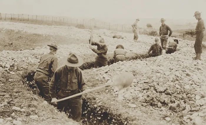 Framed Print : U.S. Marines in France digging a trench during training in France, 1917-1918. (BSLOC_2016_13_145.jpg )