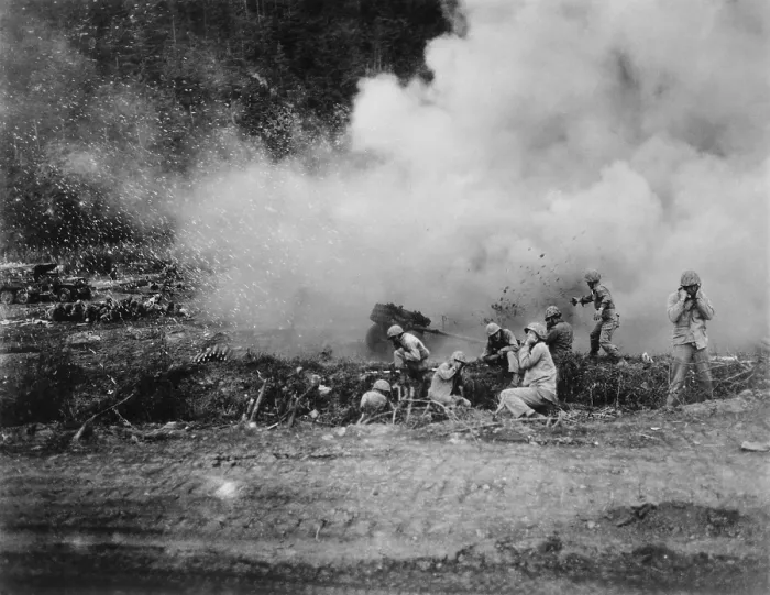 Framed Print : U.S. Marines launch a 4.5 rocket barrage against the Chinese Communists in Korean War fighting. Ca. 1951. Korean War, 1950-53. (BSLOC_2014_11_115)