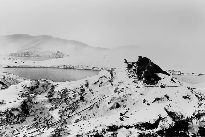 Framed Print : U.S. Marines man a machine gun at a lookout post in the Aleutian Islands, Alaska