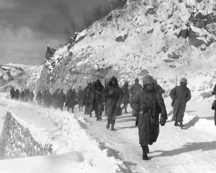 Framed Print : U.S. Marines march south from Kotori, withdrawing from the Chosin Reservoir in North Korea