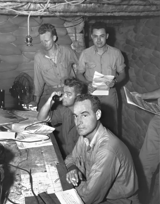 Framed Print : U.S. Marines officers in operational dugout on Guadalcanal. Seated are Lt. Colonel Merrill B. Twining (closest to camera), and Lt. Colonel Henry W. Buse. 1942, during World War 2 Framed Print : U.S. Marines officers in operational dugout on Guadalcanal. Seated are Lt. Colonel Merrill B. Twining (closest to camera), and Lt. Colonel Henry W. Buse. 1942, during World War 2