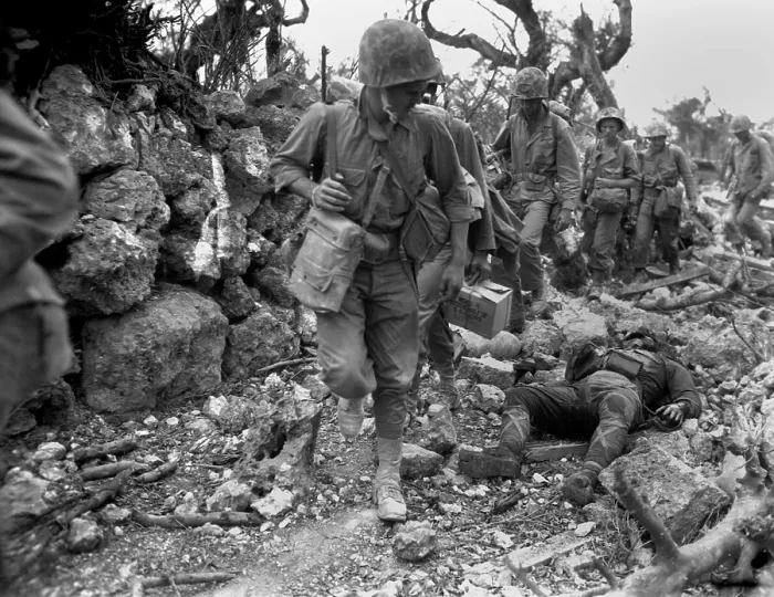Framed Print : U.S. Marines pass through a small village where Japanese soldiers lay dead. Okinawa, April 1945. World War 2. (BSLOC_2013_13_84) Framed Print : U.S. Marines pass through a small village where Japanese soldiers lay dead. Okinawa, April 1945. World War 2. (BSLOC_2013_13_84)