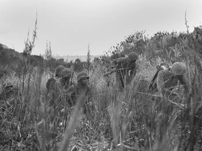 Framed Print : U.S. Marines patrol on Saipan advances through a grassy ravine. They follow Japanese communication lines in an effort to locate enemy positions