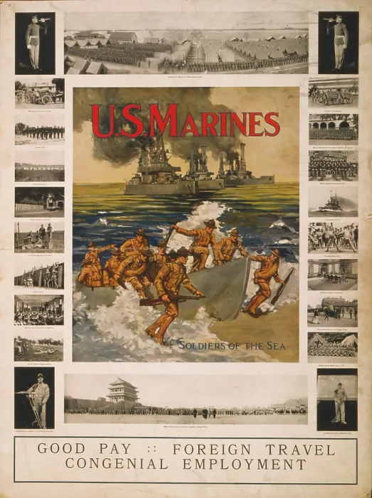 Framed Print : U.S. Marines recruitment poster showing marines coming ashore with ships in background, shows a series of views of marines engaged in training, educational Framed Print : U.S. Marines recruitment poster showing marines coming ashore with ships in background, shows a series of views of marines engaged in training, educational