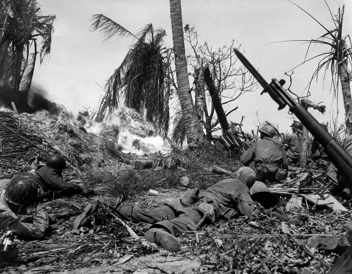 Framed Print : U.S. Marines use flame throwers against a Japanese block house on Kwajalein Island, Feb. 4, 1944. Any enemy soldiers who emerged, faced Marine rifles. (BSLOC_2013-12_199)