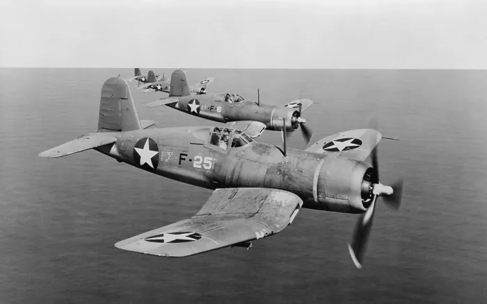 Framed Print : U.S. Navy F4Us, Corsairs, in flight over South Pacific in 1943, during World War 2. (BSLOC_2014_6_46)