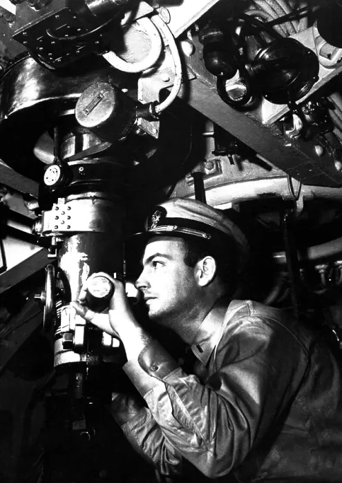 Framed Print : U.S. officer at the periscope of submarine during World War 2. Ca. 1942. (BSLOC_2013_11_116) Framed Print : U.S. officer at the periscope of submarine during World War 2. Ca. 1942. (BSLOC_2013_11_116)