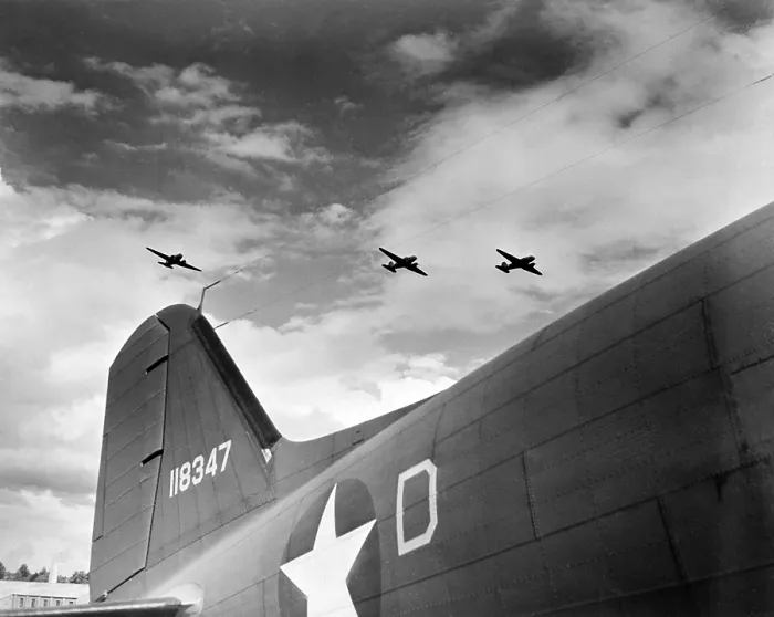 Framed Print : U.S. paratroopers in flight manuevers somewhere over England, ca. 1943-1945