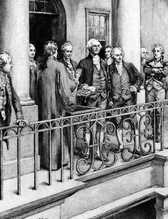 Framed Print : U.S. President George Washington (center), being inaugurated in New York City, with Vice President John Adams to the right, April 30, 1789