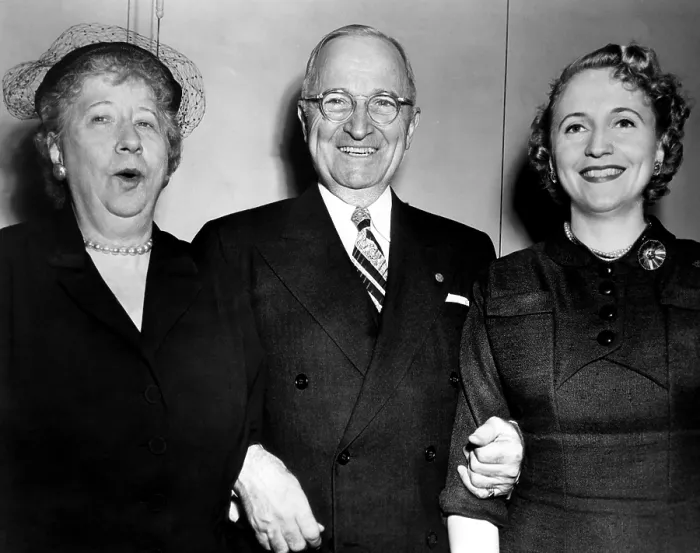 Framed Print : Former U.S. President Harry Truman (center), with wife Bess Truman (far left), and daughter Margaret Truman (far right), c. 1950s.. Courtesy: CSU Archives  /  Everett Collection