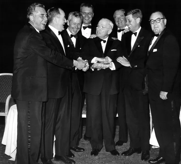 Framed Print : Former U.S. President Harry Truman (center), Senator Hubert Humphrey (second from left), U.S. President John F. Kennedy (second from right), c. 1961