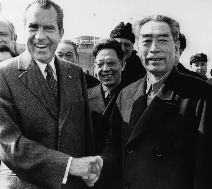 Framed Print : U.S. President Richard Nixon, Chinese Premier Zhou Enlai, shaking hands at the Shanghai Airport, before Nixon's departure, Shanghai, China, February 28, 1972