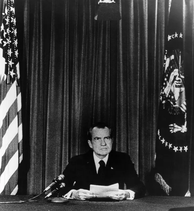 Framed Print : U.S. President Richard Nixon going on national television from the White House to announce his resignation, Washington D.C. August 8, 1974