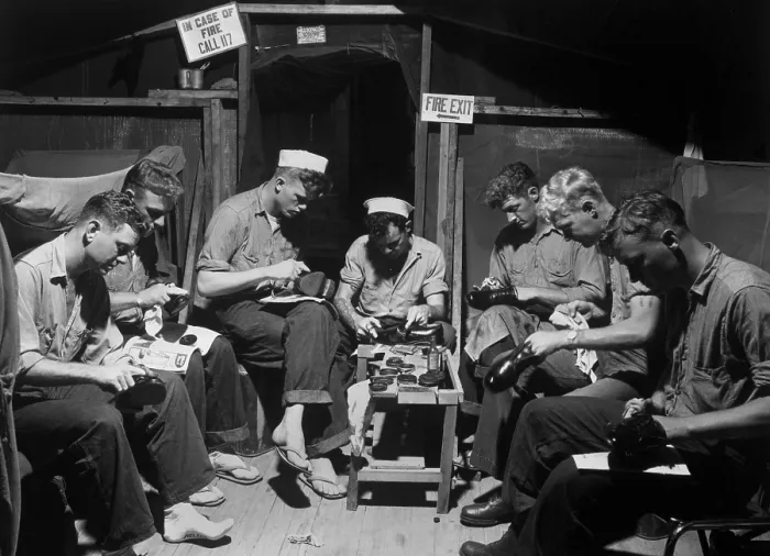 Framed Print : U.S. sailors shining shoes prior to acting as honor guard at Panmunjom armistice signing. July 23, 1953. Korean War, 1950-53. (BSLOC_2014_11_151)