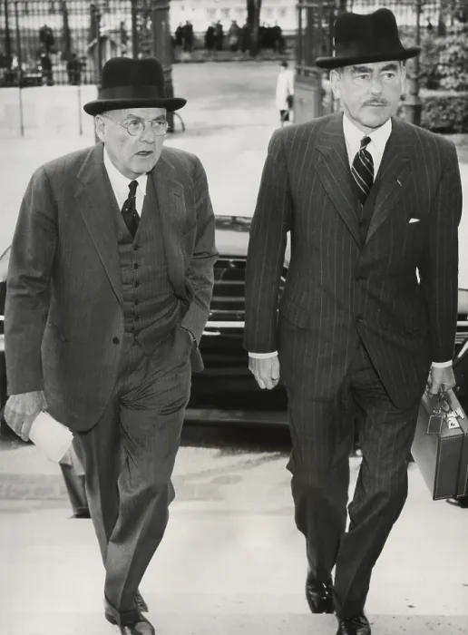 Framed Print : U.S. Sec. of State, Dean Acheson, and John Foster Dulles arrive at Quai D'Orsay, Paris. Dulles was a general advisor in the State Dept Framed Print : U.S. Sec. of State, Dean Acheson, and John Foster Dulles arrive at Quai D'Orsay, Paris. Dulles was a general advisor in the State Dept