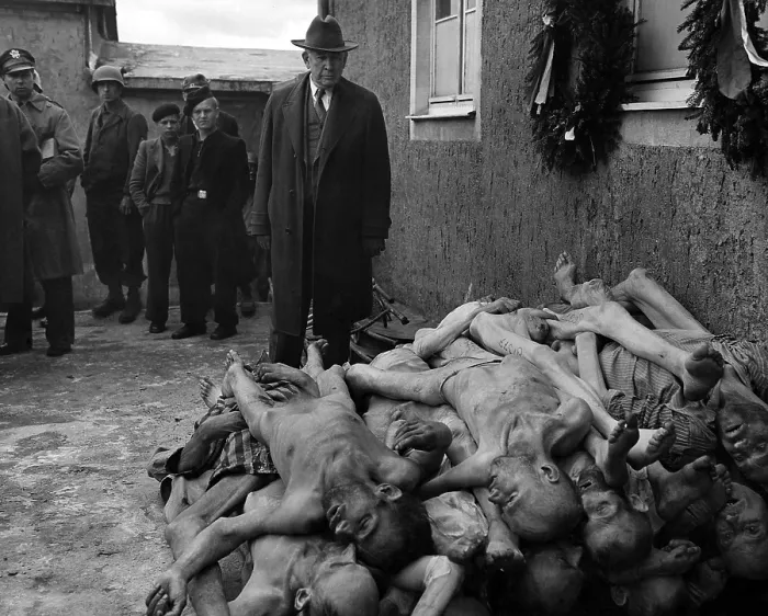 Framed Print : U.S. Senator Alben Barkley views pile of dead bodies at Buchenwald concentration camp. April 1945, Germany, World War 2. (BSLOC_2014_4_13)