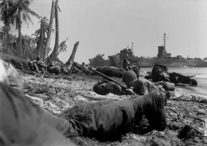 Framed Print : U.S. Sixth Army soldiers lie low on Leyte Island's beach, but they met little Japanese opposition. Landing barges are in the distance. Oct. 20, 1944 Framed Print : U.S. Sixth Army soldiers lie low on Leyte Island's beach, but they met little Japanese opposition. Landing barges are in the distance. Oct. 20, 1944