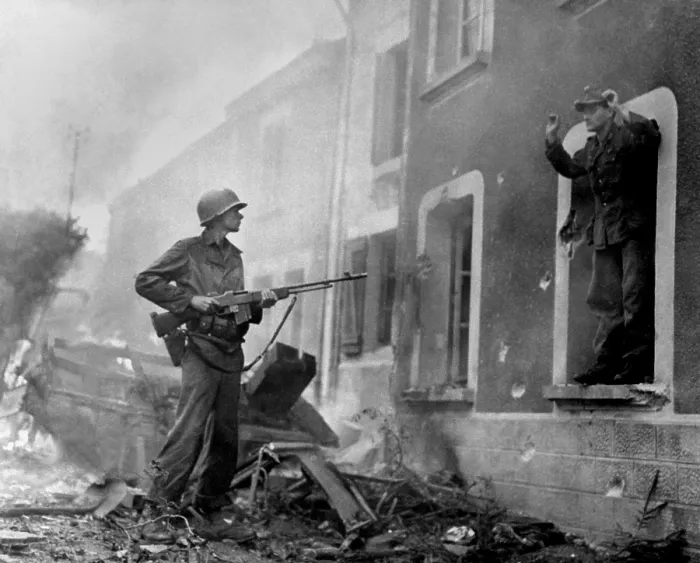 Framed Print : U.S. Soldier captures a German officer in Illy, France. Sept. 1944, World War 2. (BSLOC_2014_2_151)