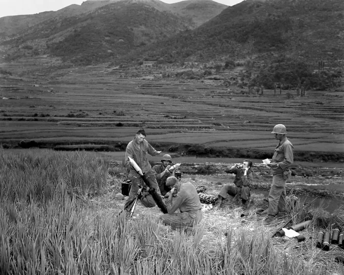 Framed Print : U.S. soldiers of a 4.2 mortar crew returns enemy fire in Battle of Masan in South Korea. The battle was fought in the vicinity of Masan and the Naktong River from Aug. 5 to Sept Framed Print : U.S. soldiers of a 4.2 mortar crew returns enemy fire in Battle of Masan in South Korea. The battle was fought in the vicinity of Masan and the Naktong River from Aug. 5 to Sept