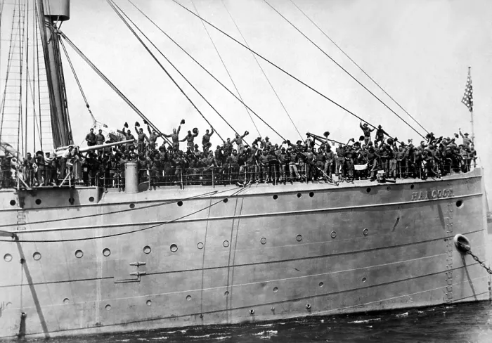 Framed Print : U.S. Soldiers aboard Hancock about to sail for France. World War I. 1917