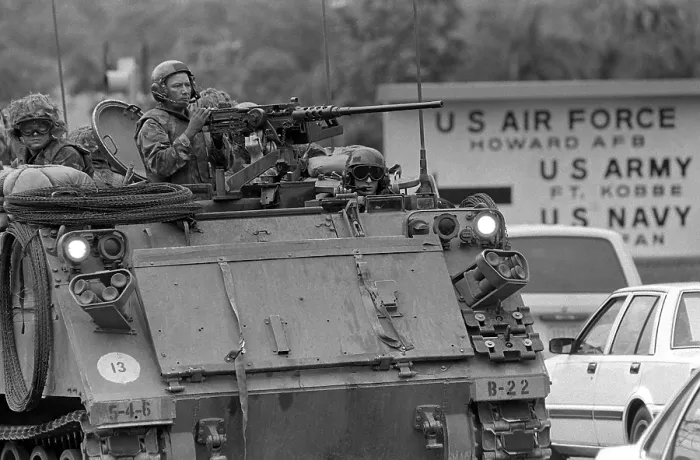 Framed Print : U.S. Soldiers in an armored personnel carrier at Howard Air Force Base in Panama respond to a demonstration by supporters of General Manuel Noriega. The Nov Framed Print : U.S. Soldiers in an armored personnel carrier at Howard Air Force Base in Panama respond to a demonstration by supporters of General Manuel Noriega. The Nov