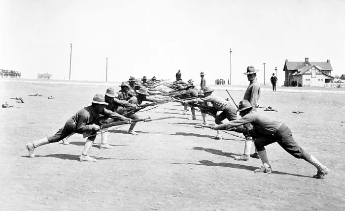 Framed Print : U.S. soldiers in bayonet fighting practice. Camp Bowie, Fort Worth, Texas. World War I. Ca. 1918