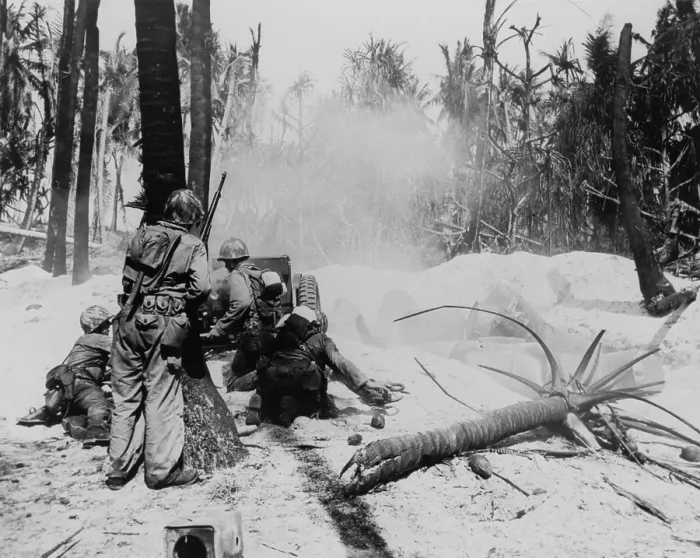 Framed Print : U.S. soldiers blasting some Japanese out of a pillbox on Kwajalein Atoll with a 37mm anti-tank gun. Jan. 31, 1944. Marshall Islands, World War 2. (BSLOC_2014_10_105)