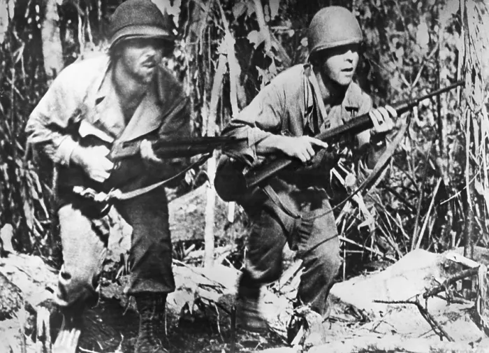 Framed Print : Two U.S. soldiers, on Bougainville, during Japanese attack in March 1944. The strain shows on their faces as they advance into thickets where Japanese snipers are active Framed Print : Two U.S. soldiers, on Bougainville, during Japanese attack in March 1944. The strain shows on their faces as they advance into thickets where Japanese snipers are active