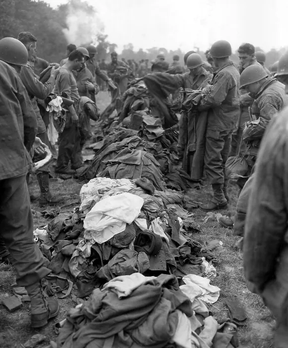 Framed Print : U.S. Soldiers change clothing en masse on wash day during the Normandy Campaign, July 1944. Vapor at the foot of the hedge may be condensation from washing machines Framed Print : U.S. Soldiers change clothing en masse on wash day during the Normandy Campaign, July 1944. Vapor at the foot of the hedge may be condensation from washing machines