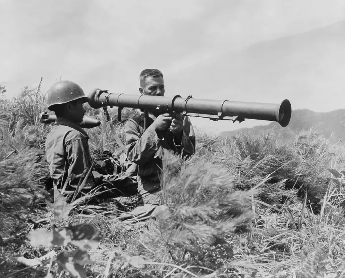 Framed Print : U.S. soldiers operate a new 3.5 bazooka on the front lines somewhere in Korea. 1950. Korean War, 1950-53. (BSLOC_2014_11_154)