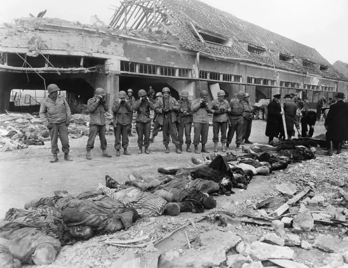 Framed Print : U.S. soldiers photographing of a row of dead inmates, Nordhausen Concentration Camp, April 1945 Framed Print : U.S. soldiers photographing of a row of dead inmates, Nordhausen Concentration Camp, April 1945