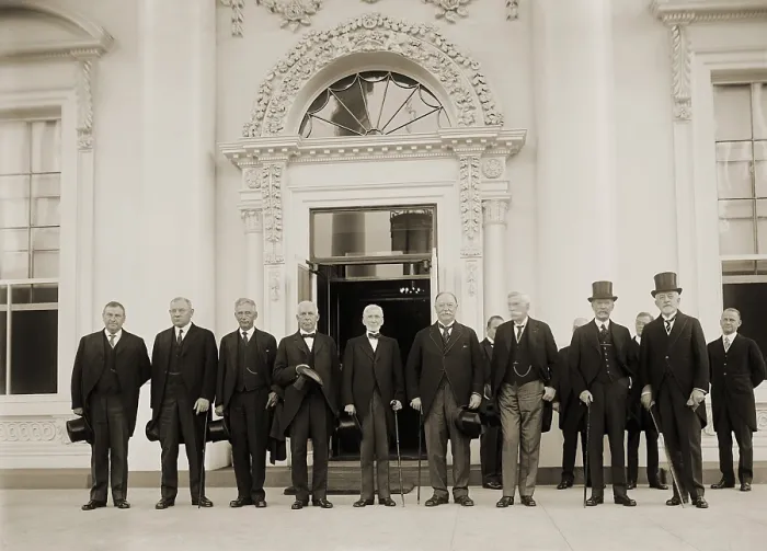 Framed Print : U.S. Supreme Court in 1924 posing at the White House. Left to right: McReynolds, Butler, Brandeis, Van Devanter, McKenna, Taft, Holmes, Sutherland, Sanford