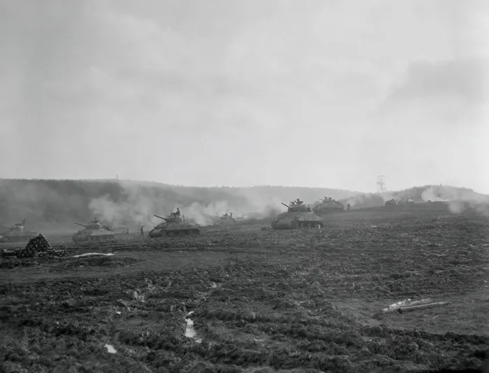Framed Print : U.S. tanks assembled outside of a German town open fire at the beginning of an assault. Nov. 16, 1944. World War 2. (BSLOC_2014_8_59) Framed Print : U.S. tanks assembled outside of a German town open fire at the beginning of an assault. Nov. 16, 1944. World War 2. (BSLOC_2014_8_59)