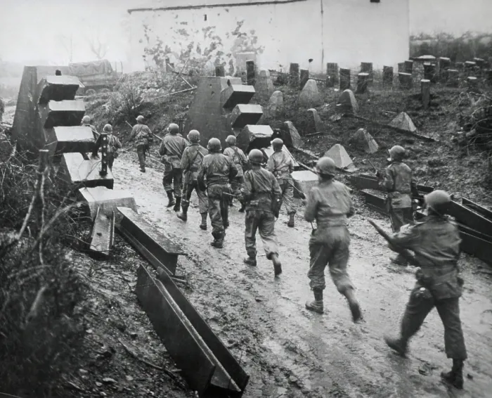 Framed Print : U.S. troops moving through dragon's teeth of the West Wall (Siegfried Line) fortifications. By Feb. 23, 1945 two corps of the U.S Framed Print : U.S. troops moving through dragon's teeth of the West Wall (Siegfried Line) fortifications. By Feb. 23, 1945 two corps of the U.S