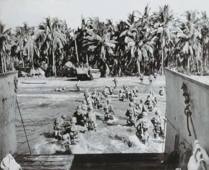 Framed Print : U.S. troops wade ashore, across heavily mined beaches, during invasion of Cebu Island. March 26, 1945. Philippines, World War 2. (BSLOC_2014_10_112)