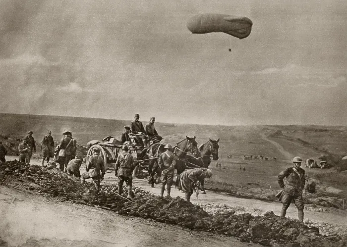 Framed Print : U.S. WW1 engineers repairing shelled roads as observation balloon hovers near. 1918 Framed Print : U.S. WW1 engineers repairing shelled roads as observation balloon hovers near. 1918