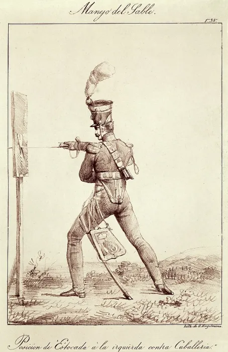 Framed Print : Use of sabre. Estocade position on the left against cavalry. Litography. SPAIN. Madrid. National Library. AISA / Everett Collection**US SALES ONLY**